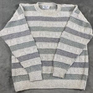 VTG Ashley Knit Sweater Mens L Grey Striped Cable Knit USA Fisherman Dad Coastal
